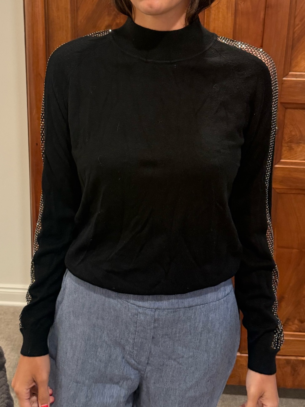 Milly Black Mock Neck Sweater with Rhinestone Sleeve Trim